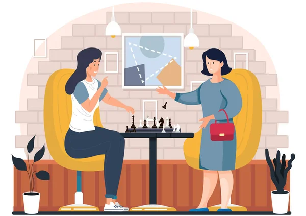 Mor och dotter leker brädspel. Kvinnliga karaktärer vänner spelar schack i ett café — Stock vektor