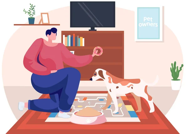 Donna felice che dà da mangiare a un cane. Personaggio femminile trascorrere del tempo e la cura degli animali domestici a casa — Vettoriale Stock