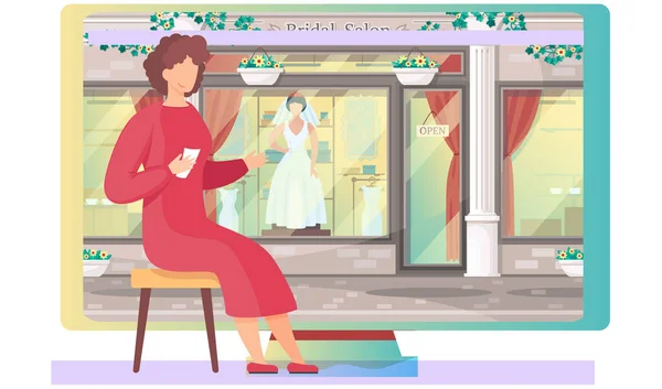 Lány vezet egy női blog, közel ül monitor menyasszonyi szalon üzletben próbababa ruhában — Stock Vector