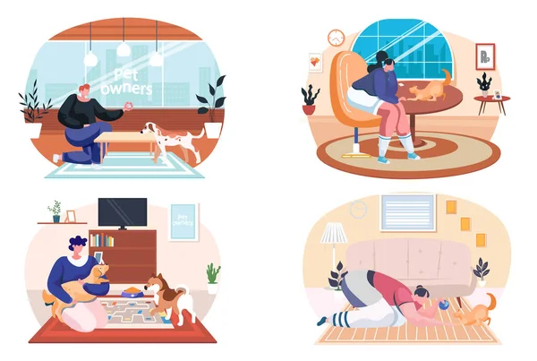 Propriétaire d'animal de compagnie passer du temps à la maison avec son chien animal domestique, femme jouer avec ses scènes de chat ensemble — Image vectorielle