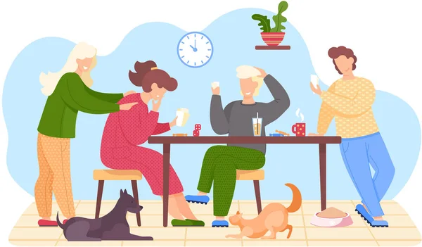 Familia feliz está sentado en una mesa de juego de mesa en sala de estar con sus animales gato y perro — Vector de stock