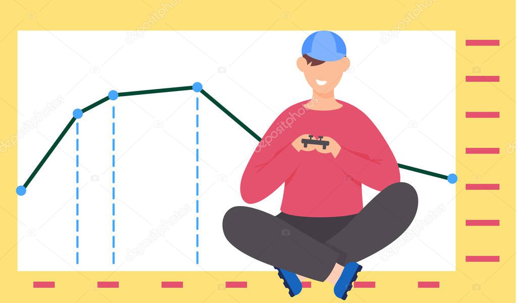 A guy with a gamepad in his hands sits near a bar graph. Statistics and business anatytics concept