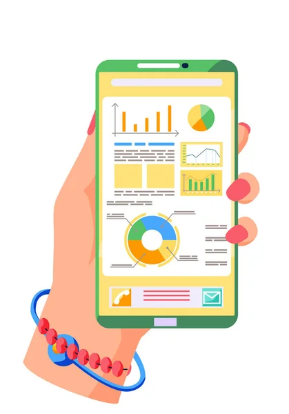 Diagrama con gráfico y diagrama. Teléfono analítico en manos femeninas. Concepto de presentación empresarial — Vector de stock