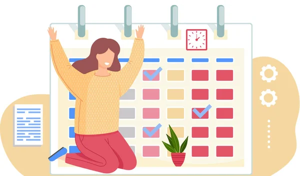 La chica se sienta de rodillas y levanta las manos. Mujer mirando la planta. Calendario o calendario en segundo plano — Vector de stock