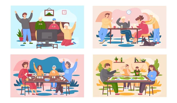 Membres de la famille jouant aux cartes et autres jeux de société assis à une table, les gens ayant du bon temps — Image vectorielle