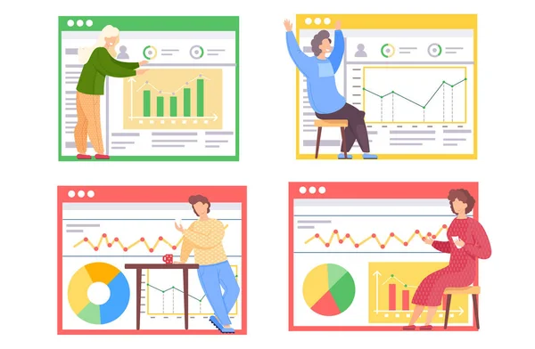 En uppsättning illustrationer om ämnet arbete med datadiagram. Folk spelar kort och gör analyser — Stock vektor