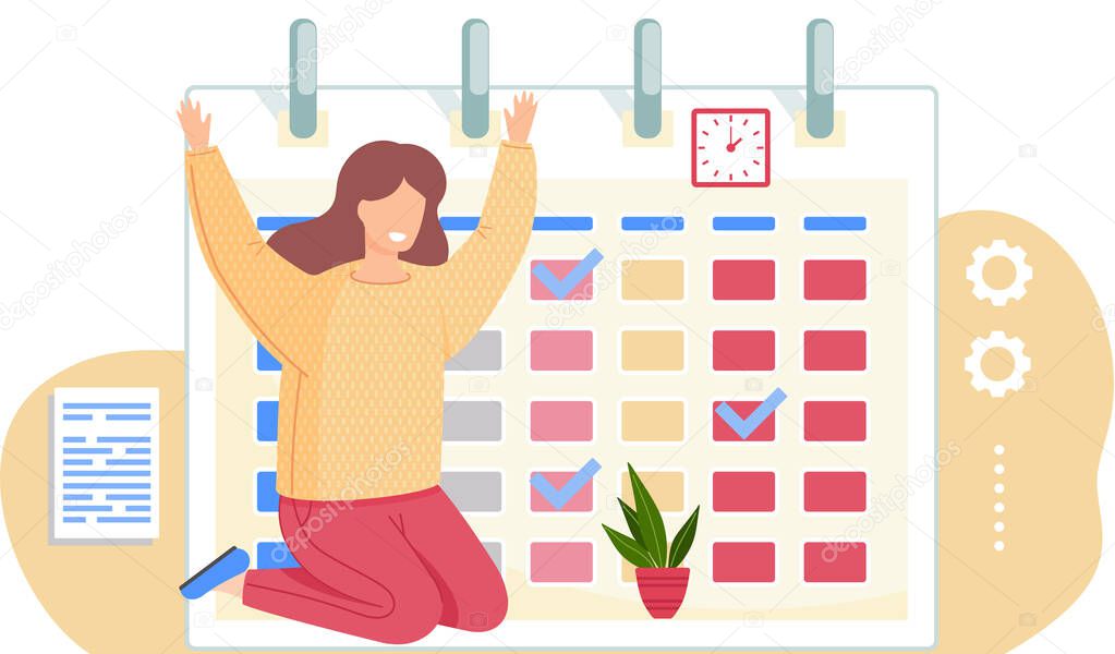 Girl sits on her knees and raises hands. Woman looking at plant. Timetable or calendar on background