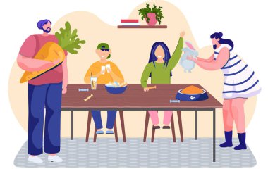 Mutlu aile akşam yemeği ya da kahvaltı için mutfakta, anne, baba, çocuklar ve tavşan