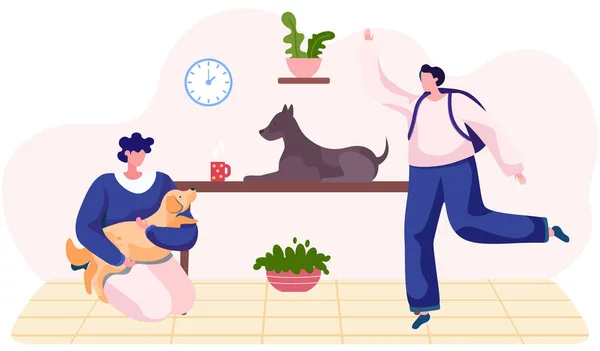 Mujer abrazar a su perro con calidez y amor, concepto de la relación entre los seres humanos y sus mascotas — Vector de stock