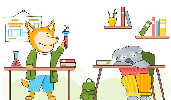 Back to school concept. A fox schoolboy with test tube in hands and koala sleeping on a desk — Stock Vector