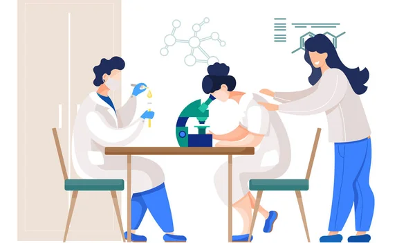 Профессиональные химики в своей лаборатории проводят различные эксперименты на столе с микроскопом — стоковый вектор
