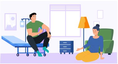 Hastanenin yatağında bekleyen hasta. Karısı kocasını klinikte ziyaret ediyor. Yatakta hasta var.