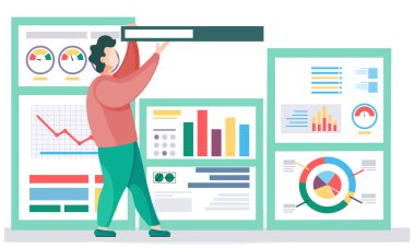 İş adamı raporun yanında grafikler ve çizelgelerle sunum yapıyor. Sözcü atölyeyi yönetiyor