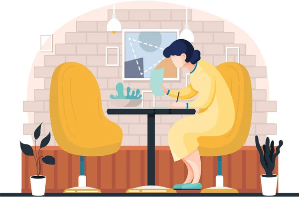Femme en robe jaune écrivant un journal ou un journal, lisant un livre et prenant des notes au crayon — Image vectorielle