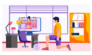 Evde, televizyonun önünde egzersiz yapan bir adam. Erkek spor için çevrimiçi video dersine giriyor.