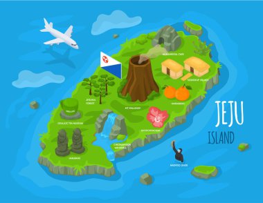 Isometric Jeju Adası, Güney Kore. Jeju 'nun haritası Hallasan, Dol Hareubang ya da Harubang.