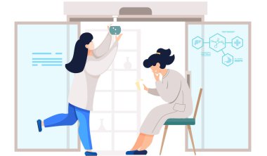 Laboratuvar asistanları deney tüpü ve matarası olan kimyagerler, cam deney şişesi, başarılarından memnuniyet duyarlar.