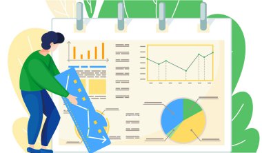 İş adamı grafikler ve çizelgelerle raporun yanında duruyor. Konuşmacı, istatistikleri açıklıyor