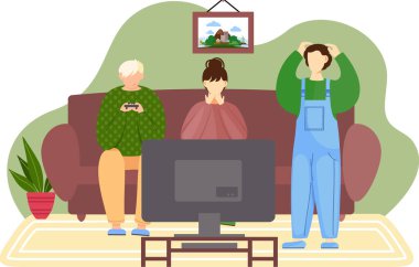 Aile kanepeye oturur ve konsolda oyun oynar. İnsanlar evlerinde dinleniyor. Misafir odasında zaman geçirmek.