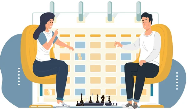 Пара играет в шахматы. Молодой человек сидит за столом с шахматной доской. Расписание на заднем плане — стоковый вектор