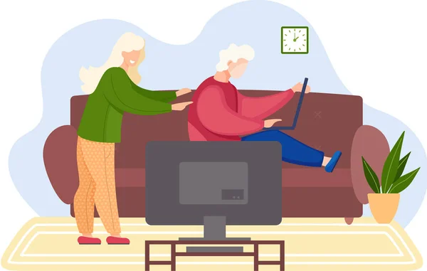 Νεαρή οικογένεια παίζει βιντεοπαιχνίδια στο σπίτι. Φίλοι άντρας και γυναίκα παίζουν παιχνίδι σε υπολογιστή και τηλεόραση — Διανυσματικό Αρχείο
