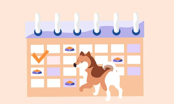 Dierenverzorging, hondenvoer, schattige gevlekte pup naast het maaltijdschema met voerbakken gemarkeerd — Stockvector