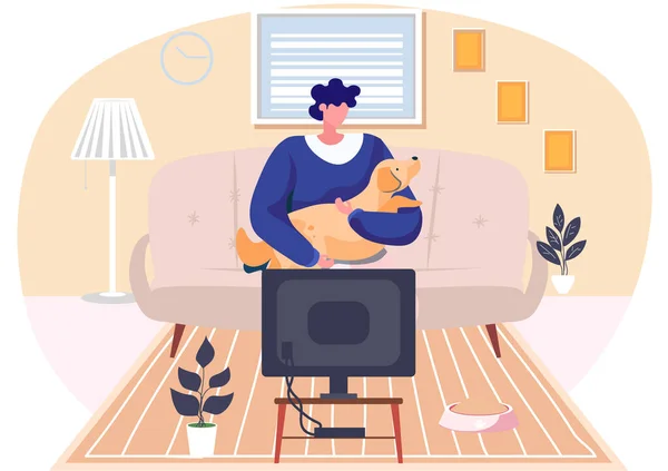 Young woman is sitting with her dog on the sofa in livingroom with TV cabinet, resting at home — Stock Vector