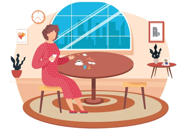 Επιτραπέζια παιχνίδια επίπεδη έννοια σχεδιασμού με γυναίκα κρατώντας ένα φύλλο στο χέρι κινείται τσιπ στο τραπέζι — Διανυσματικό Αρχείο