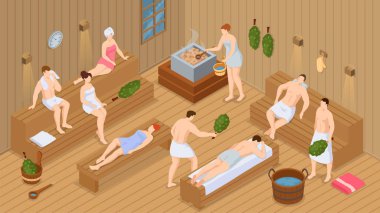 Isometric sauna ya da spa. Saunada yıkanan ya da buhar banyosu yapan insanlardan oluşan bir derleme.