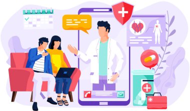 Online danışmanlık için hastalar. Doktora telefon görüntülü arama. Dizüstü bilgisayarı olan çift film izliyor.