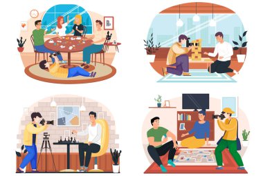 Fotoğrafçı, insanların masada oturup oyun oynarken iyi vakit geçirdikleri fotoğrafları çeker.