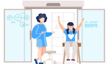 Küçük kız mutlu bir şekilde ellerini kaldırıyor. Kadınlar iletişim kurar ve laboratuvarda vakit geçirirler.