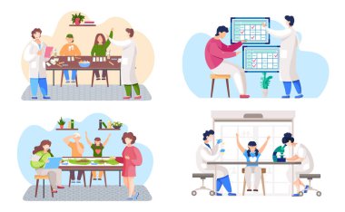 Aile doktoru. Beyaz önlüklü bir tıp çalışanı hasta ile aynı odada duruyor. Laboratuvar asistanları