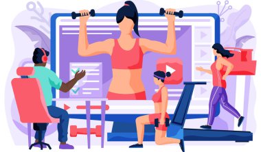 İnsanlar bilgisayar ekranında kız çalıştırıcının arkasındaki egzersizleri tekrarlıyorlar. Spor çevrimiçi video günlüğü
