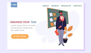 Planlama için kağıt notlarla tahtaya yakın duran adamla görev iniş sayfası şablonunuzu düzenleyin