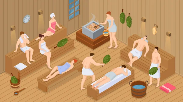 Sauna isométrica o spa. Colección de personas bañándose en sauna o banya llena de vapor — Archivo Imágenes Vectoriales