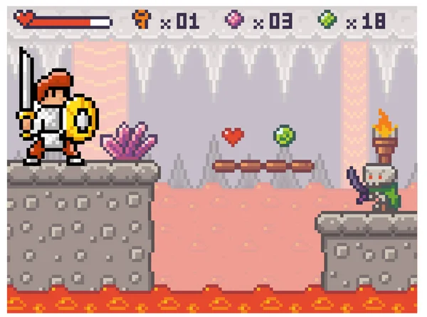 Pixel spel gränssnitt. En riddare i rustning går längs en plattform ovanför lavan. Hjälte samlar föremål — Stock vektor