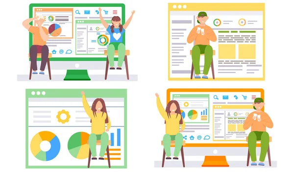 Illustrationen zum Thema Spielkarten für Kinder. Menschen studieren Tortendiagramme auf dem Monitor — Stockvektor