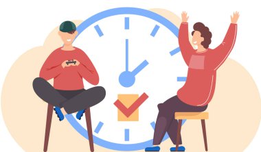 Çocuk elinde bir oyun sahası tutuyor ve büyük bir saatin yanında oturuyor. Adam oyuncuyu destekliyor.