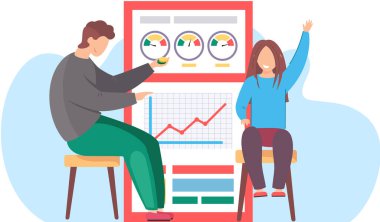 İnsanlarla ilgili bilgiler. Babası istatistiksel posterin yanında oturan çocuk, diyagram ve grafiklerle rapor ver