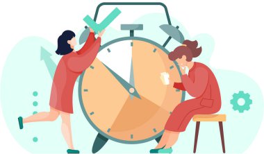 Düşünceli kız elinde kartlarla oturuyor. İşaretli kız. Arka planda büyük alarmlı saat