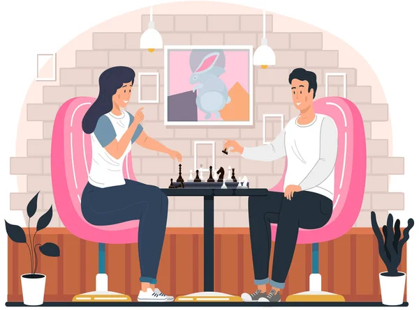 Couple jouant aux échecs à la maison assis à la table atmosphère de salon confortable dans la soirée — Image vectorielle