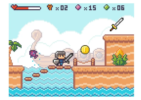 Pixel computer game interface. Knight in armor is climbing the stairs. Hero is collecting coins — Stock Vector