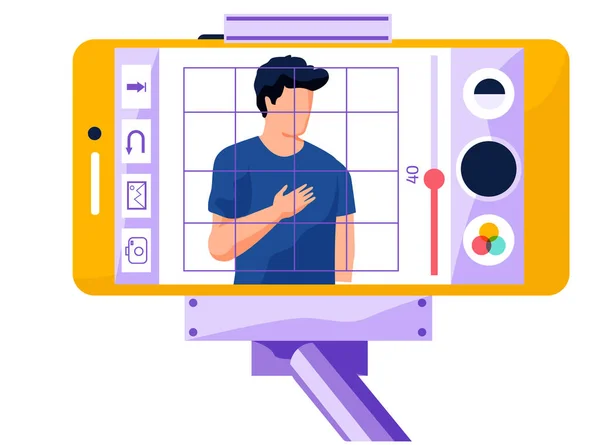 Muž stojí s rukou na srdci. Aplikace pro úpravu fotografií chytrého telefonu. Vysílání z telefonu fixovaného na monopod — Stockový vektor