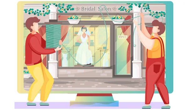 Los chicos están sosteniendo una madeja de hilo. Boutique nupcial en el fondo. Maniquí con un vestido blanco — Archivo Imágenes Vectoriales