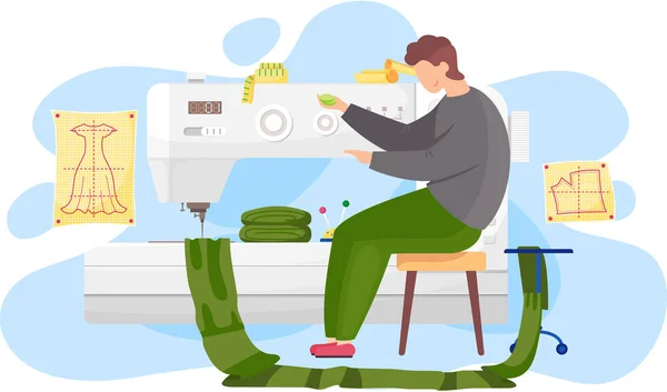 The guy sits with green chips in his hands. The designer works at the sewing machine in the atelier — Stock Vector