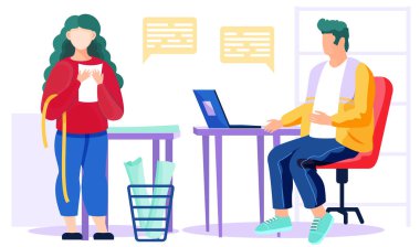 Tasarımcı elinde bir kağıt parçasıyla ayakta duruyor. Adam oturuyor ve dizüstü bilgisayarla çalışıyor.