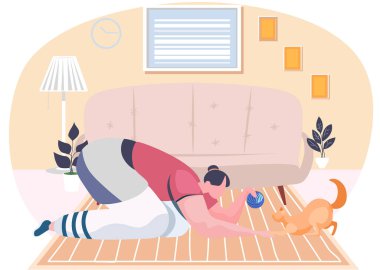 Oturma odasının içinde kızıl kedisiyle oynayan bir kız. Küçük hayvanla komik bir oyun