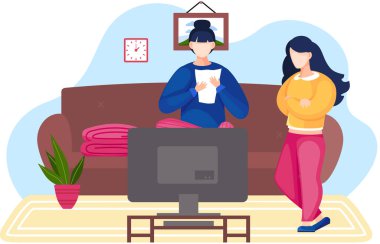 Kadınlar televizyon izliyor. Genç kızlar iletişim kuruyor ve birlikte oturma odasında vakit geçiriyorlar.