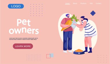 Ellerinde beyaz tavşan tutan birkaç evcil hayvan sahibi sayfa şablonunu indiriyor. Mutlu kadın evcil hayvanla oynuyor.